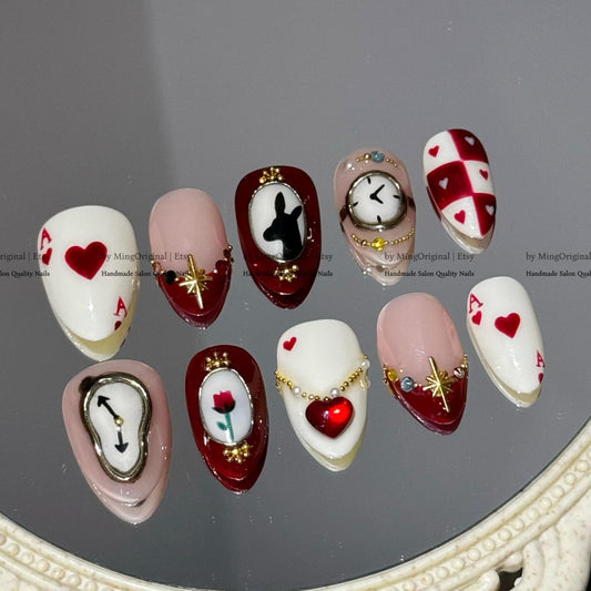 New Year Romance Press-On Nails, Handmade Nail Art with Clock, Hearts, Gems & Playing Card Details, MO789