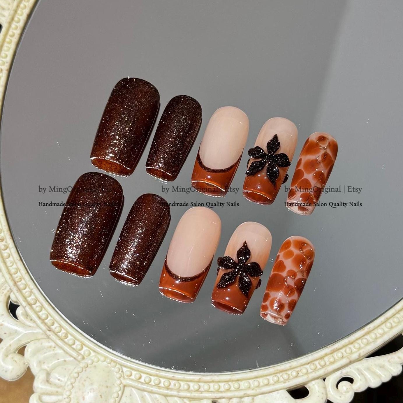 Brown Nude Press-On Nails, Handmade Nail Art with Diamond Glitter, 3D Flowers & Giraffe Pattern, MO790