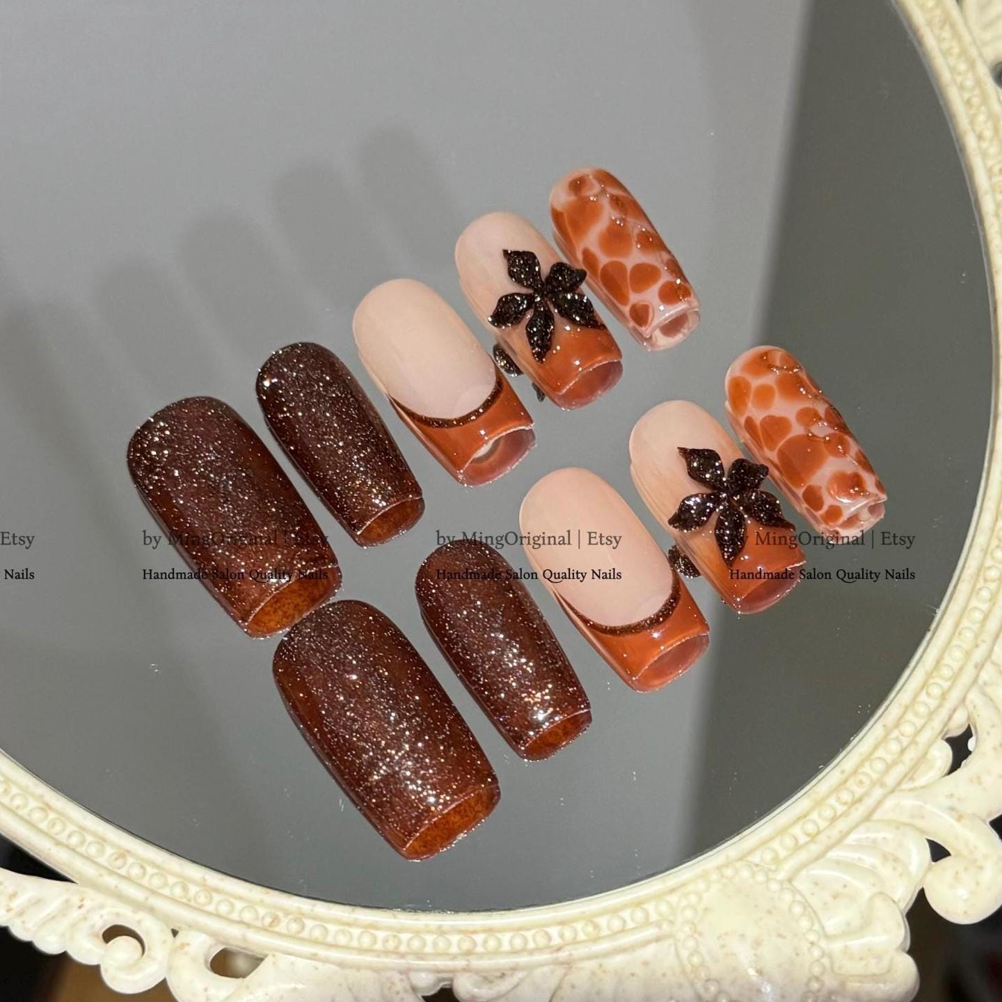 Brown Nude Press-On Nails, Handmade Nail Art with Diamond Glitter, 3D Flowers & Giraffe Pattern, MO790