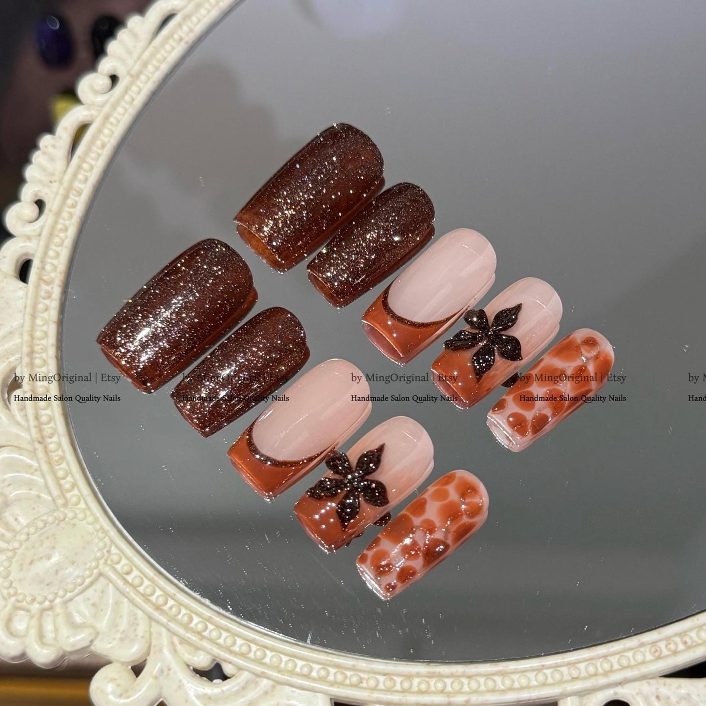 Brown Nude Press-On Nails, Handmade Nail Art with Diamond Glitter, 3D Flowers & Giraffe Pattern, MO790