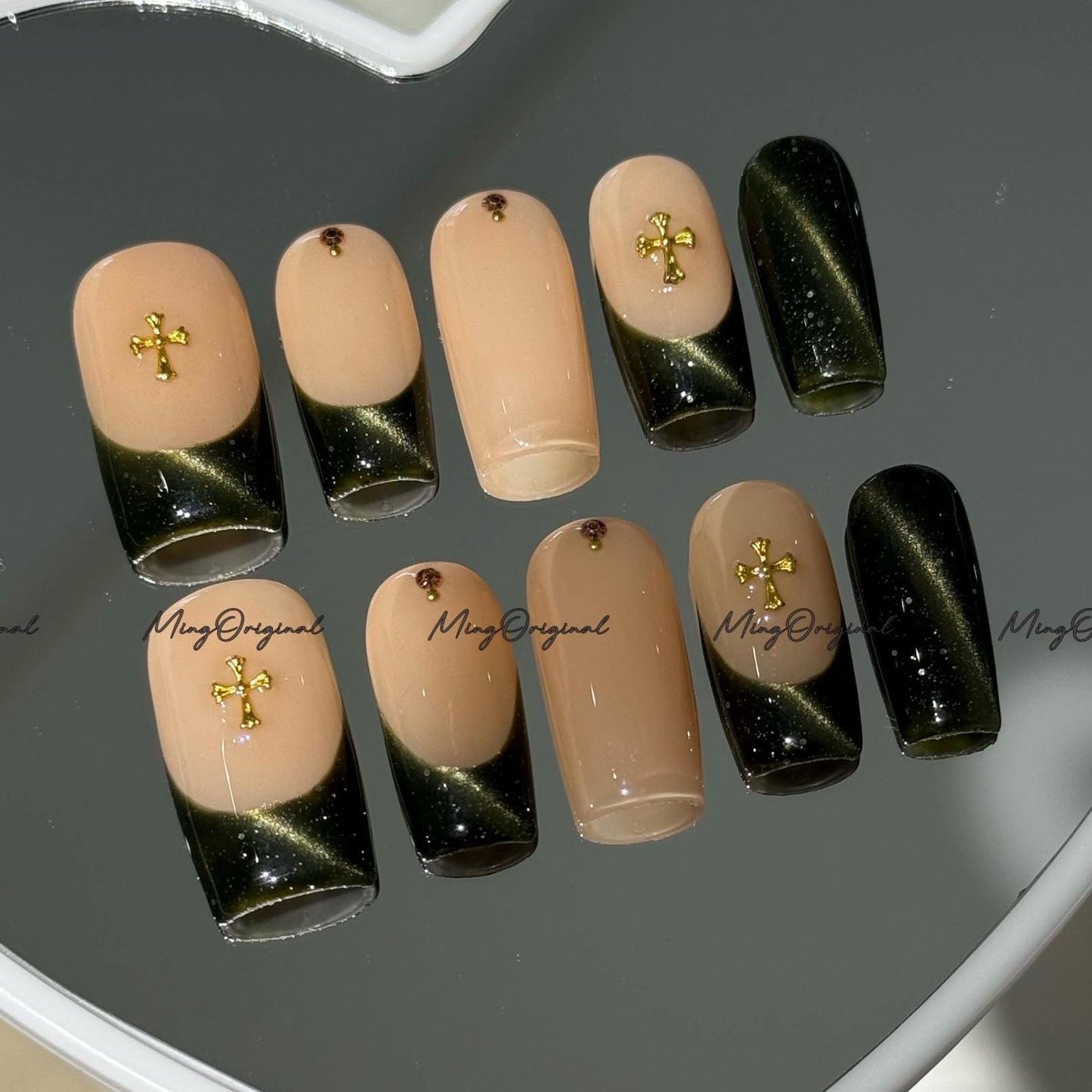 Dark Green French Tip Press-On Nails, Nude Base with Gold Cross Charm, Handmade Elegant Nail Art for Gifts & Everyday Style, Mo763