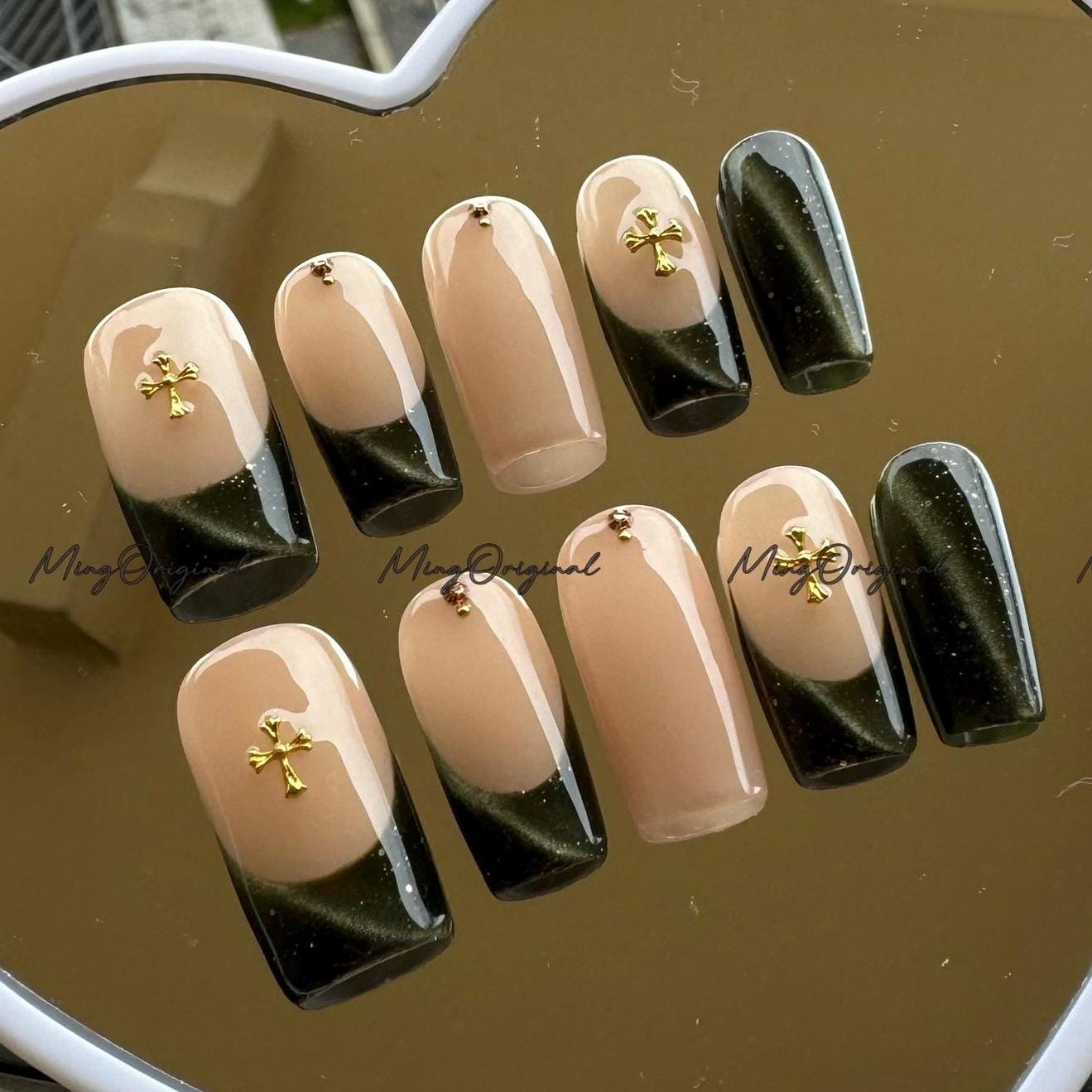 Dark Green French Tip Press-On Nails, Nude Base with Gold Cross Charm, Handmade Elegant Nail Art for Gifts & Everyday Style, Mo763