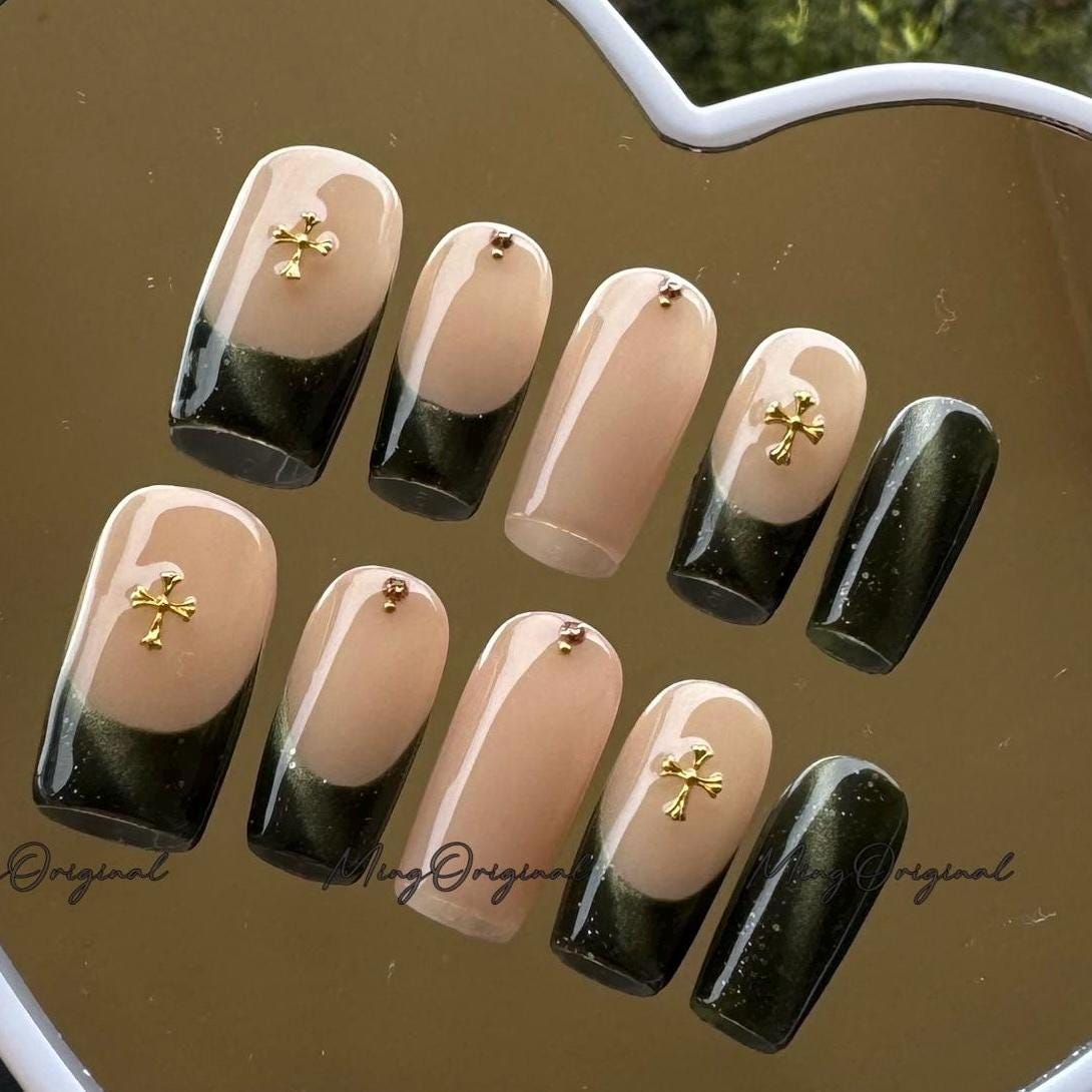 Dark Green French Tip Press-On Nails, Nude Base with Gold Cross Charm, Handmade Elegant Nail Art for Gifts & Everyday Style, Mo763