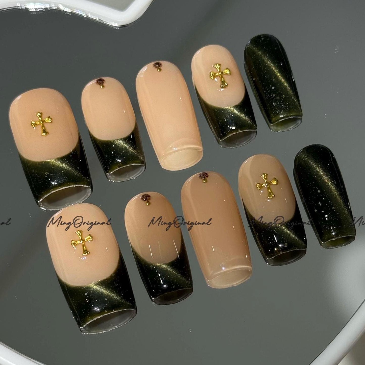 Dark Green French Tip Press-On Nails, Nude Base with Gold Cross Charm, Handmade Elegant Nail Art for Gifts & Everyday Style, Mo763