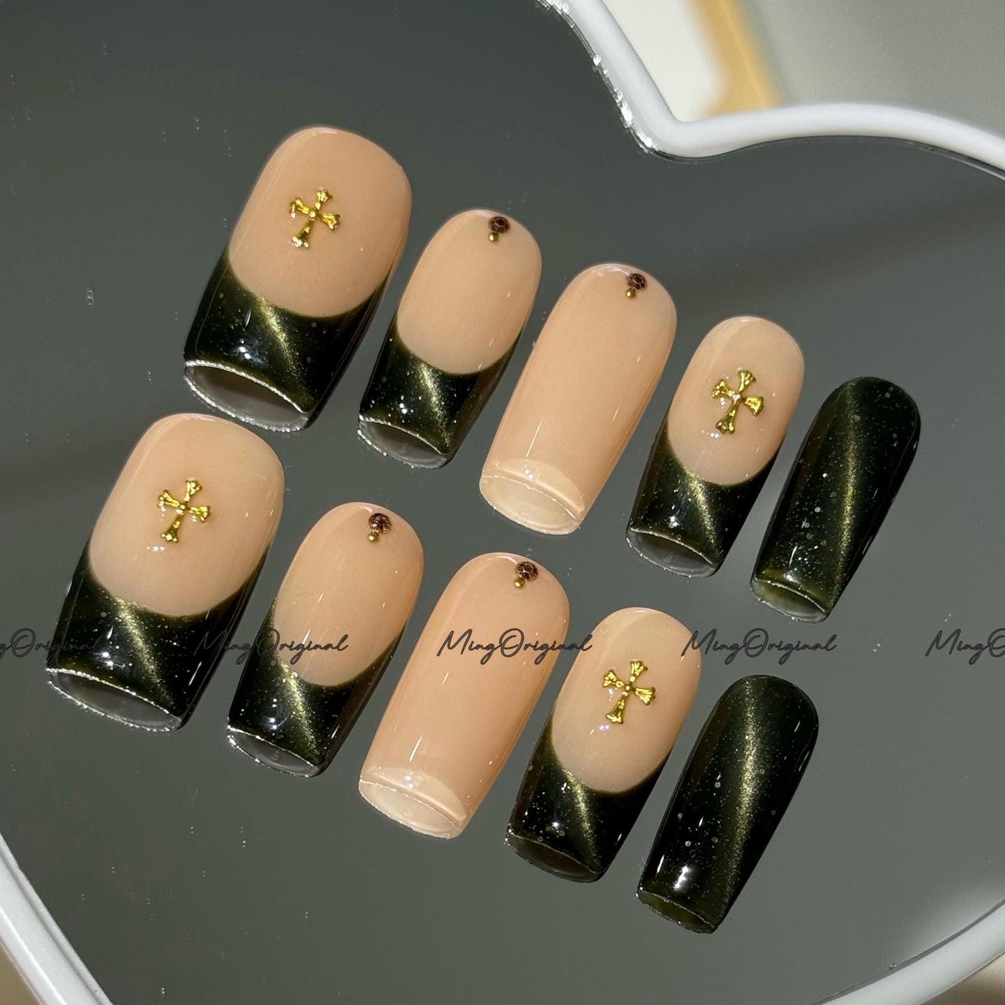 Dark Green French Tip Press-On Nails, Nude Base with Gold Cross Charm, Handmade Elegant Nail Art for Gifts & Everyday Style, Mo763