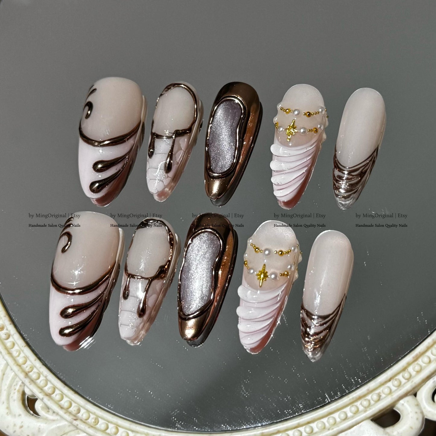 Pink and Metallic 3D Sculpted Press-On Nails, Handmade Swirl Texture, Gold Silver Accents, Cat Eye Nails, MO791