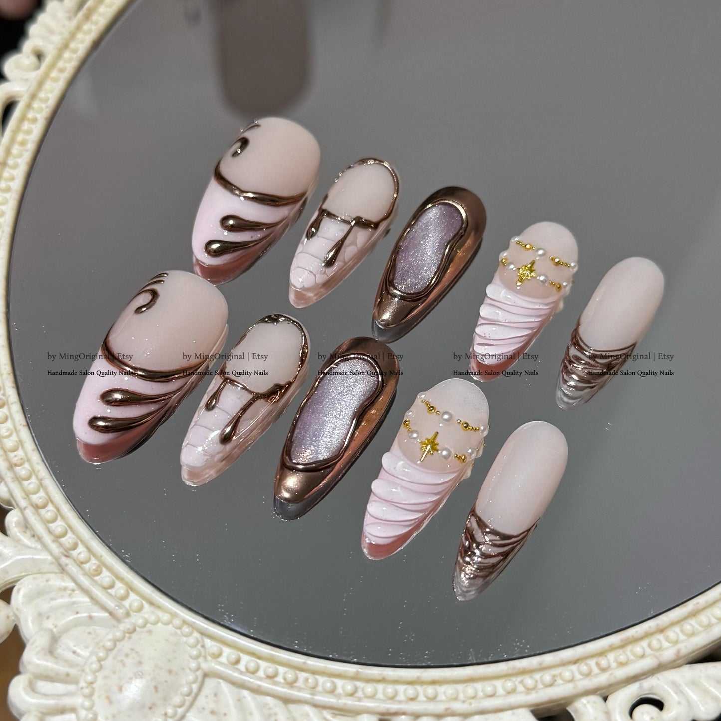 Pink and Metallic 3D Sculpted Press-On Nails, Handmade Swirl Texture, Gold Silver Accents, Cat Eye Nails, MO791