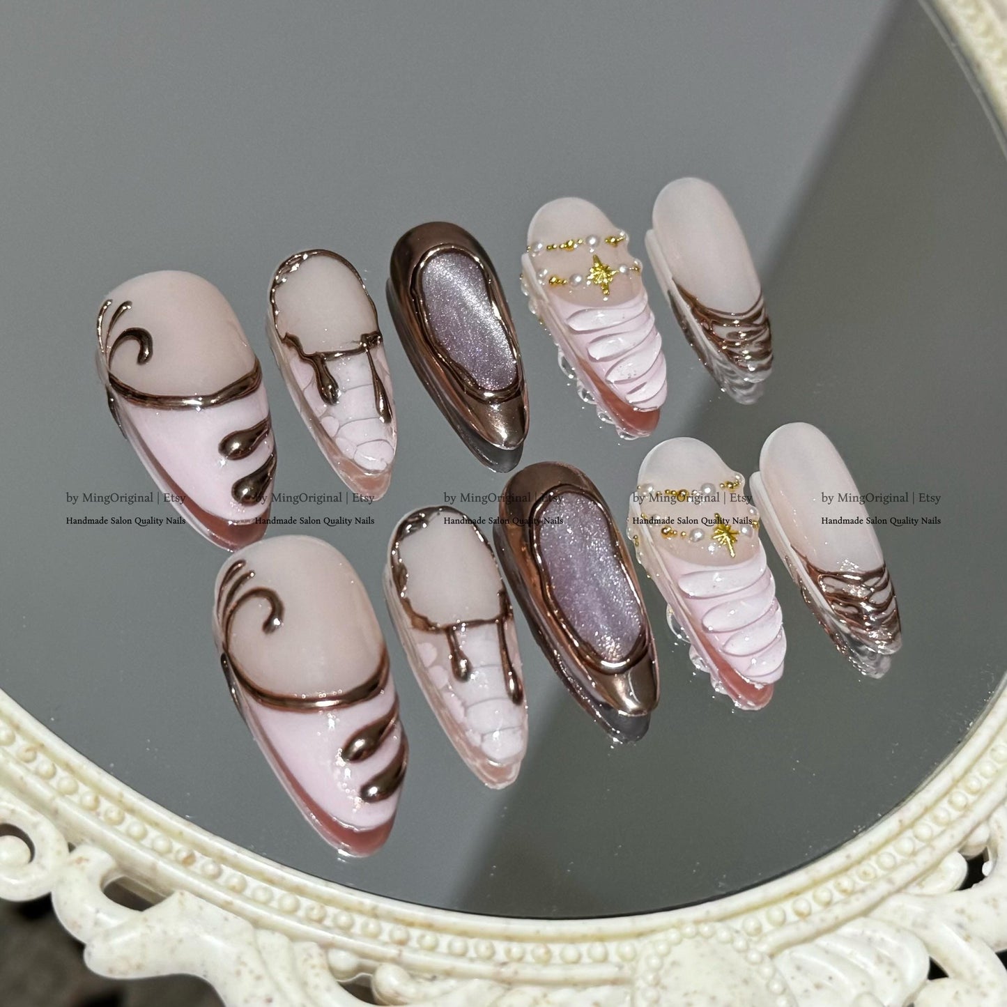Pink and Metallic 3D Sculpted Press-On Nails, Handmade Swirl Texture, Gold Silver Accents, Cat Eye Nails, MO791