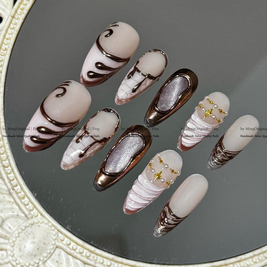 Pink and Metallic 3D Sculpted Press-On Nails, Handmade Swirl Texture, Gold Silver Accents, Cat Eye Nails, MO791