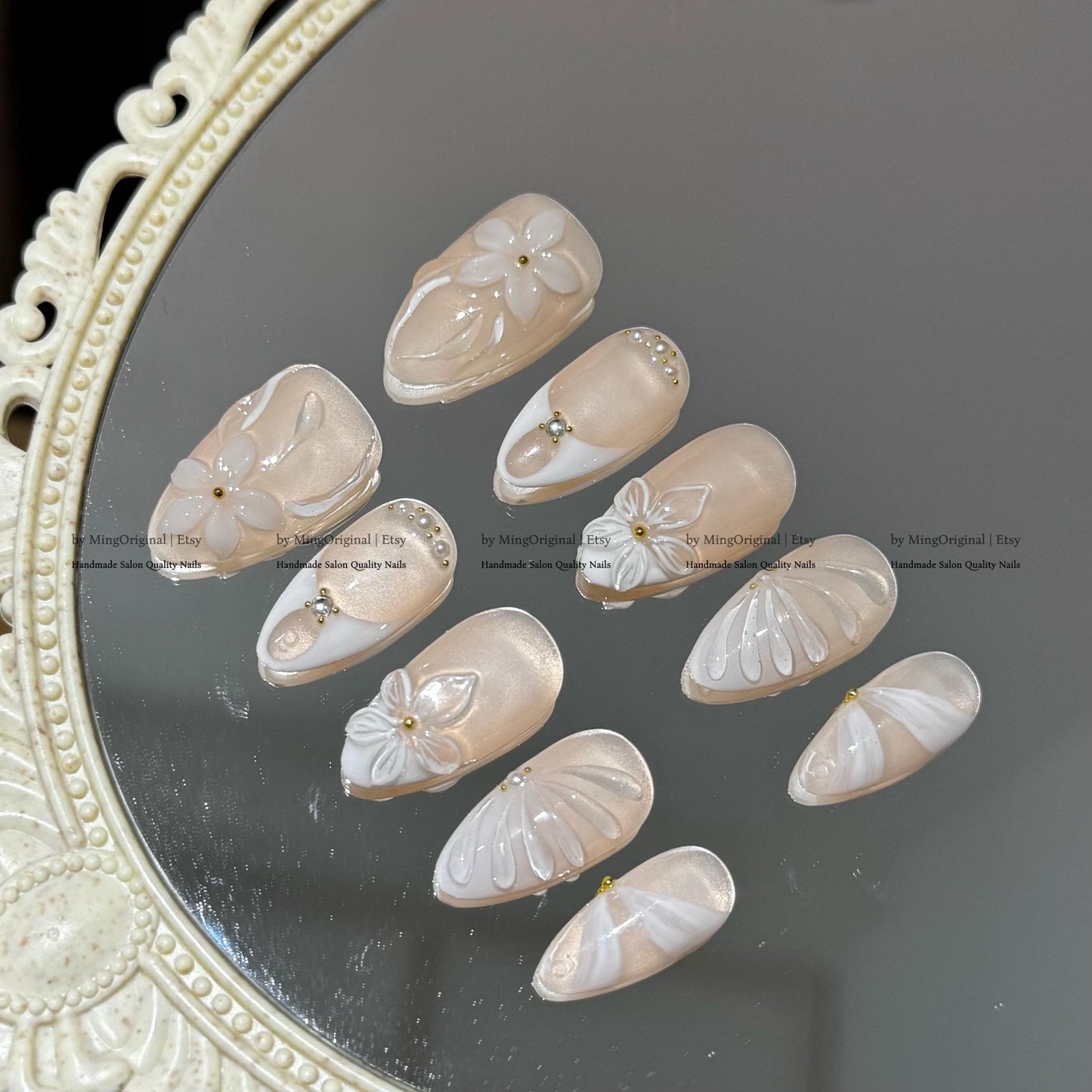 Handmade Soft Nude Floral Nails, White Sculpted 3D Blooms, Gold Beads, Romantic Reusable Nail, MO792