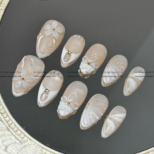 Handmade Soft Nude Floral Nails, White Sculpted 3D Blooms, Gold Beads, Romantic Reusable Nail, MO792