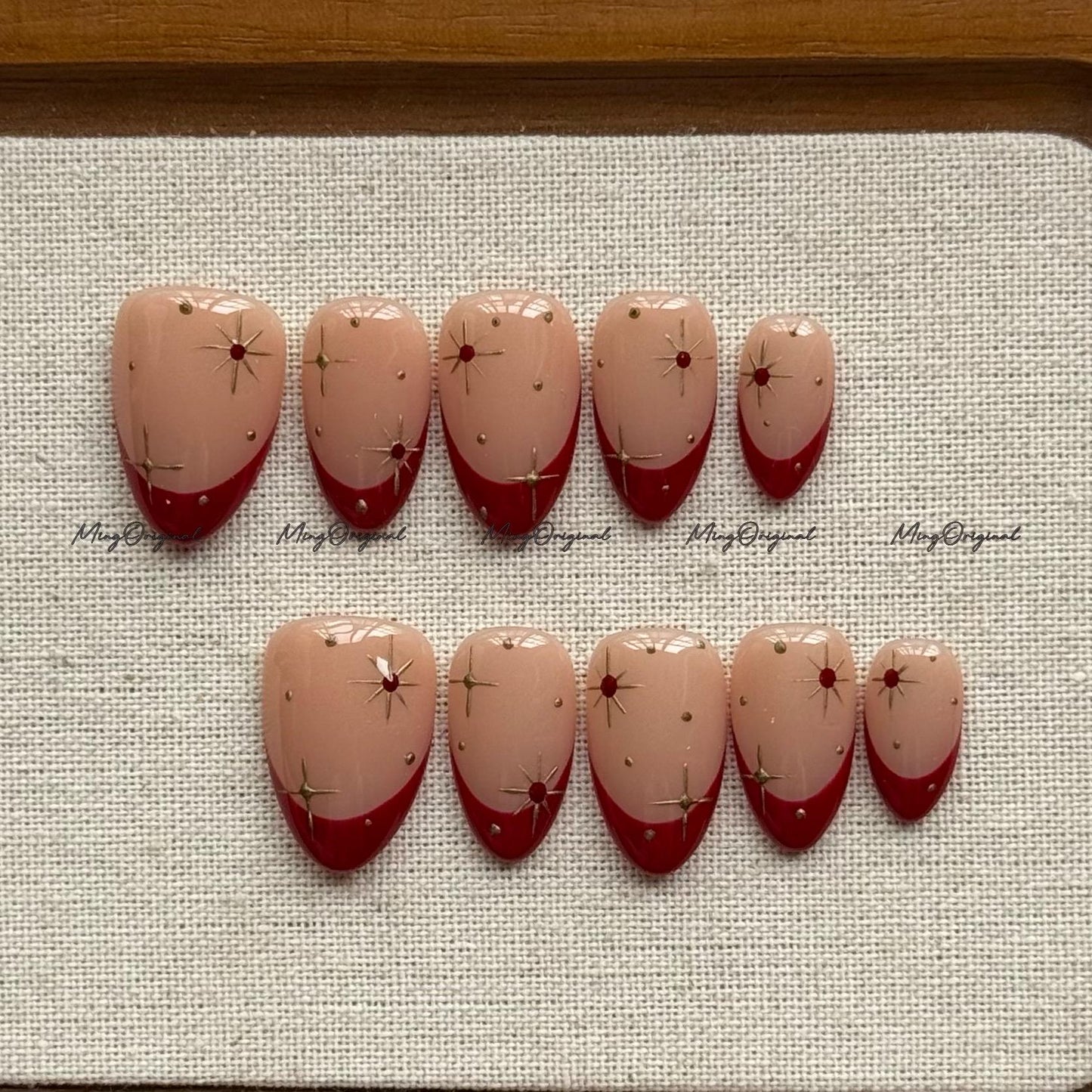New Year Gold Minimalist Royal Red press on nail, French Tip, Gold Star and Rhinestone Glue on Nail, MO766