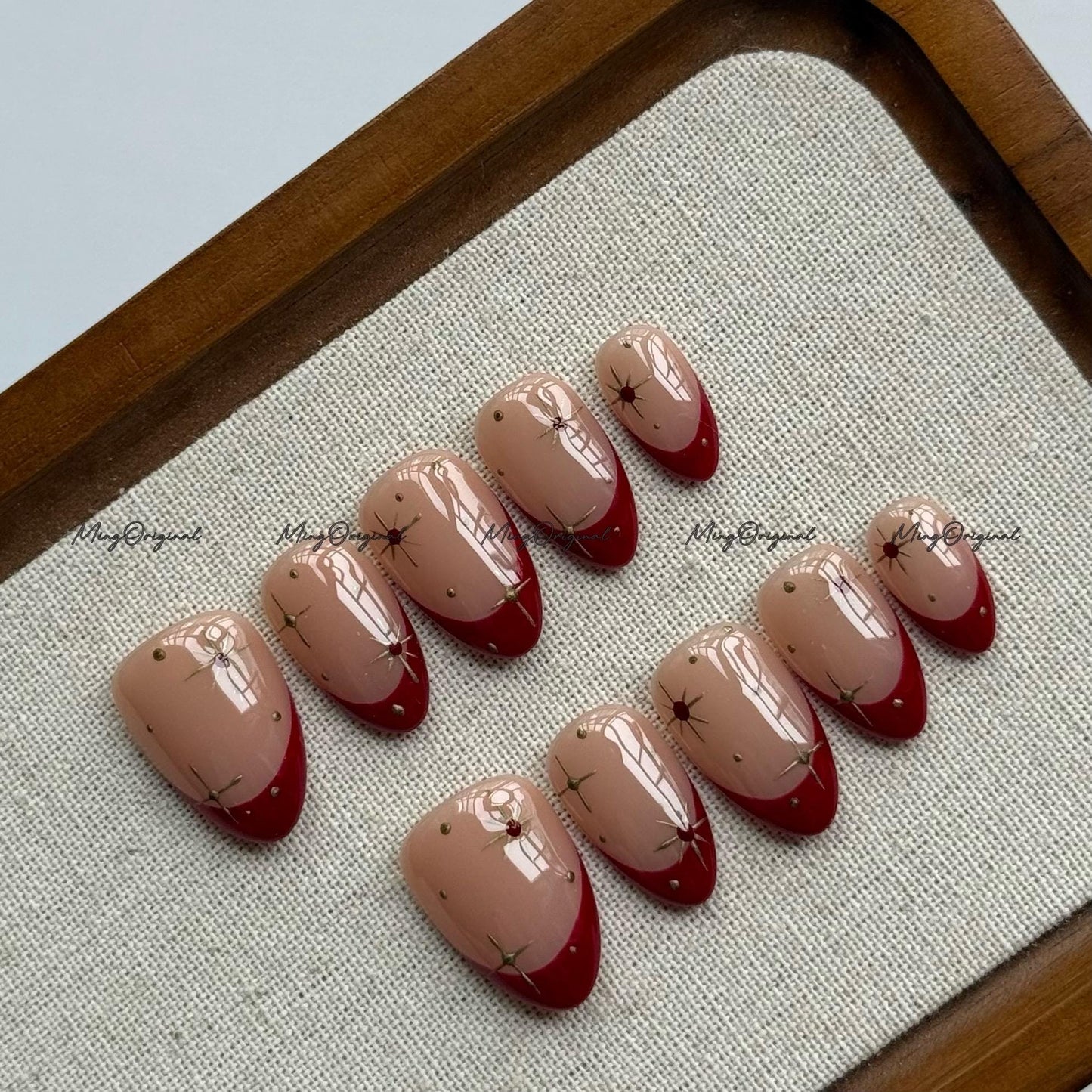 New Year Gold Minimalist Royal Red press on nail, French Tip, Gold Star and Rhinestone Glue on Nail, MO766