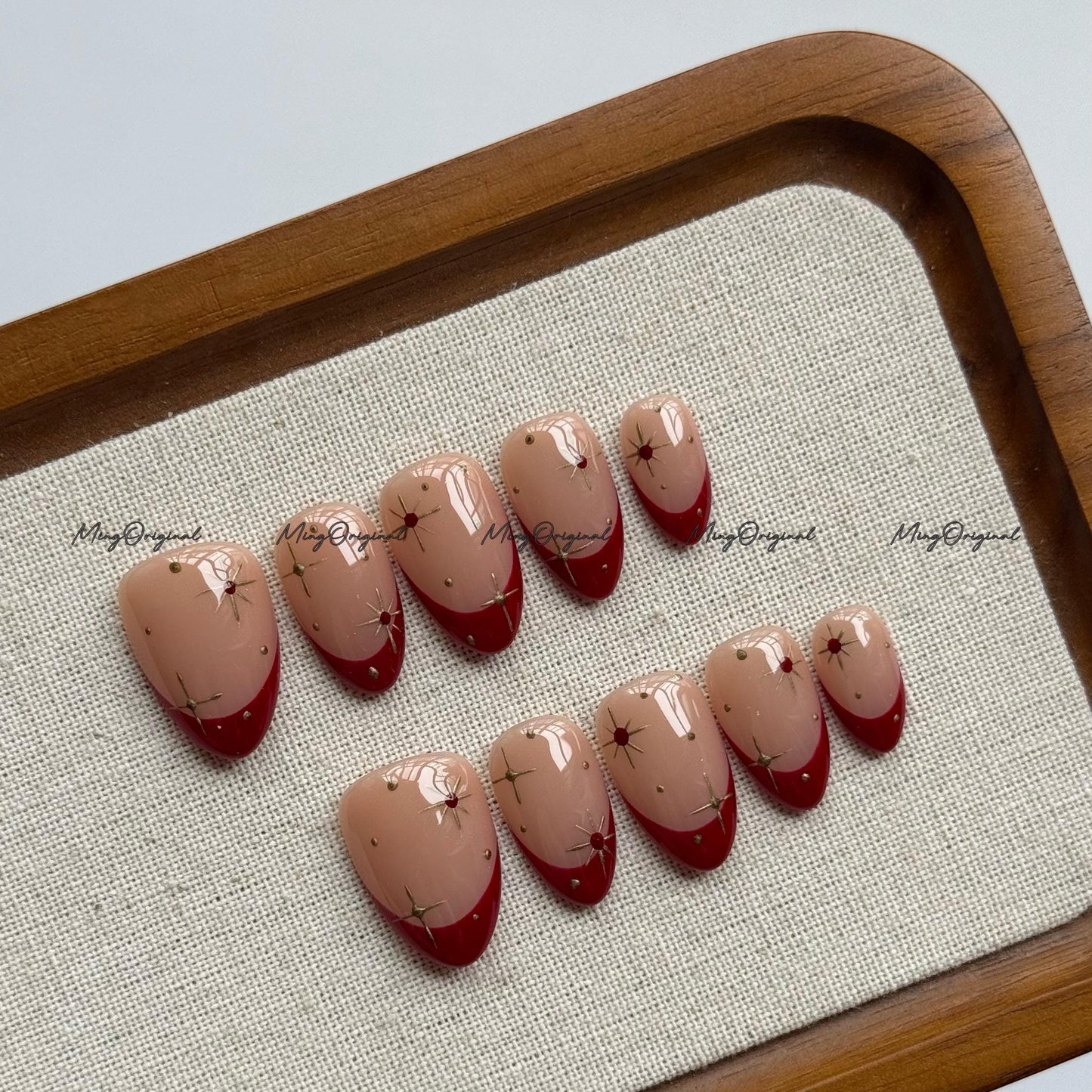 New Year Gold Minimalist Royal Red press on nail, French Tip, Gold Star and Rhinestone Glue on Nail, MO766