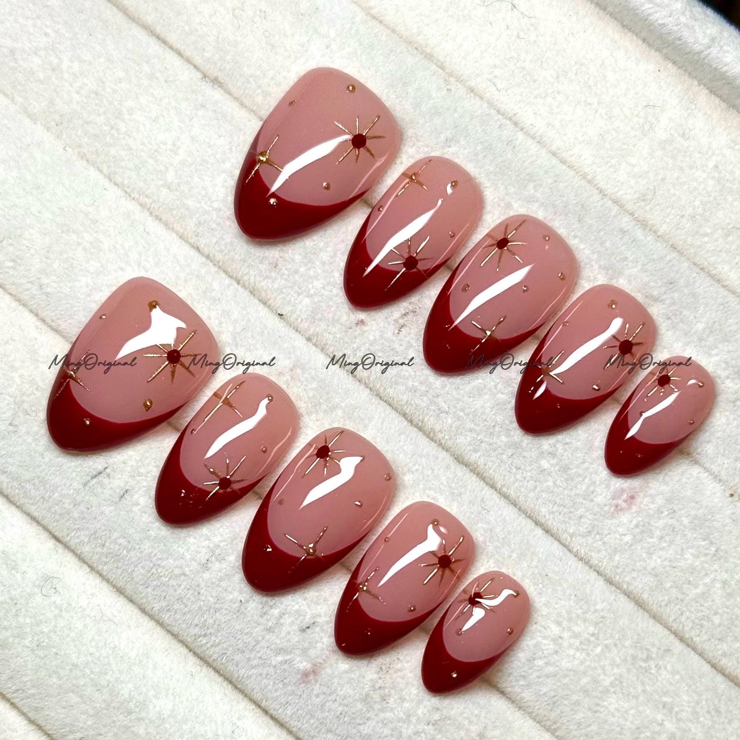 New Year Gold Minimalist Royal Red press on nail, French Tip, Gold Star and Rhinestone Glue on Nail, MO766