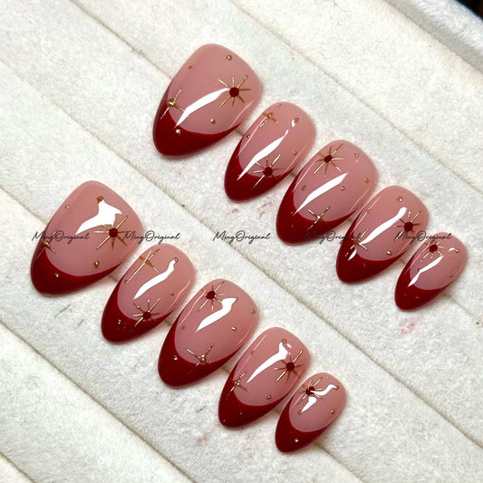 New Year Gold Minimalist Royal Red press on nail, French Tip, Gold Star and Rhinestone Glue on Nail, MO766