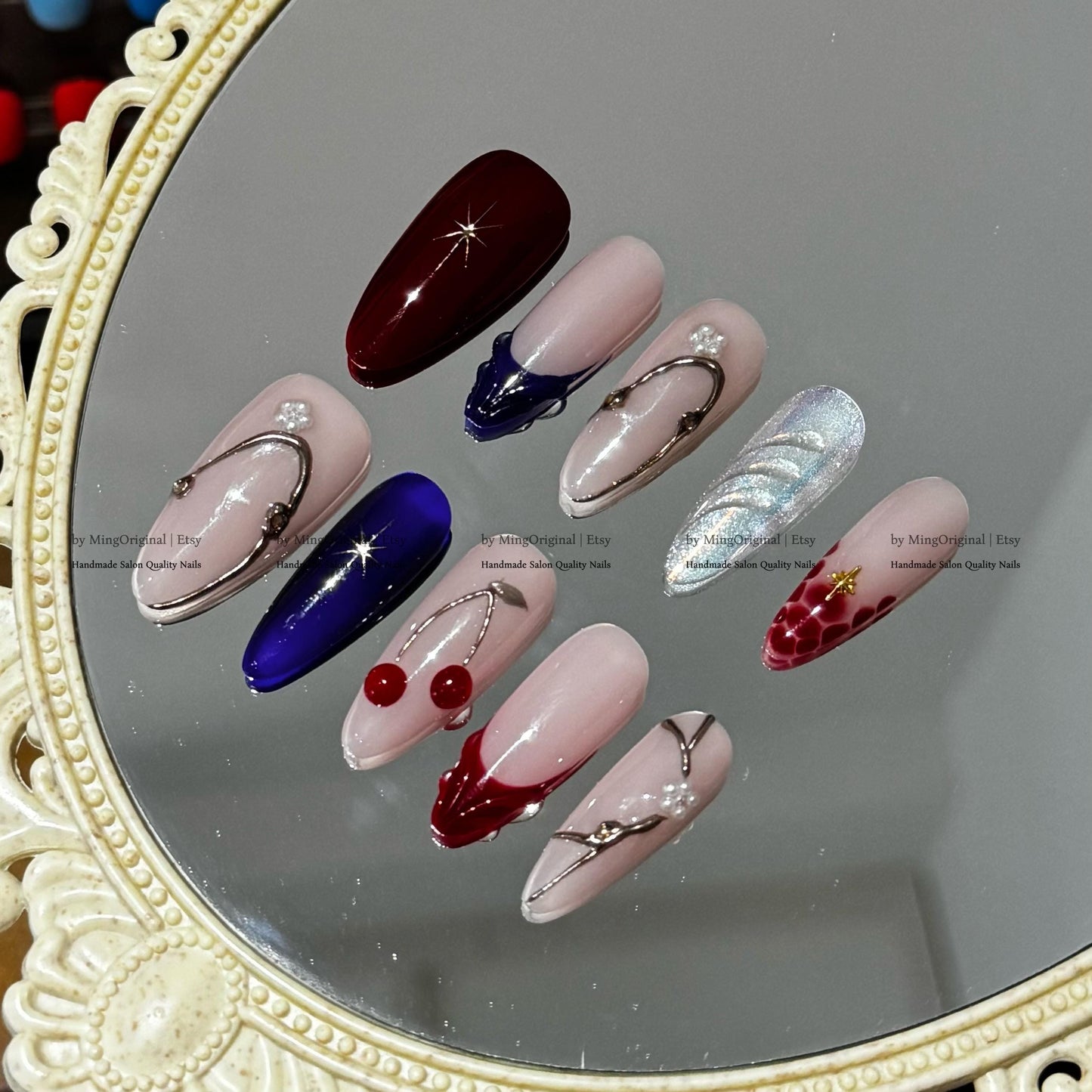 Handmade Statement Press-On Nails, Red Cherry Accents, Croc Texture, Pearls & Star Embellishments, MO793