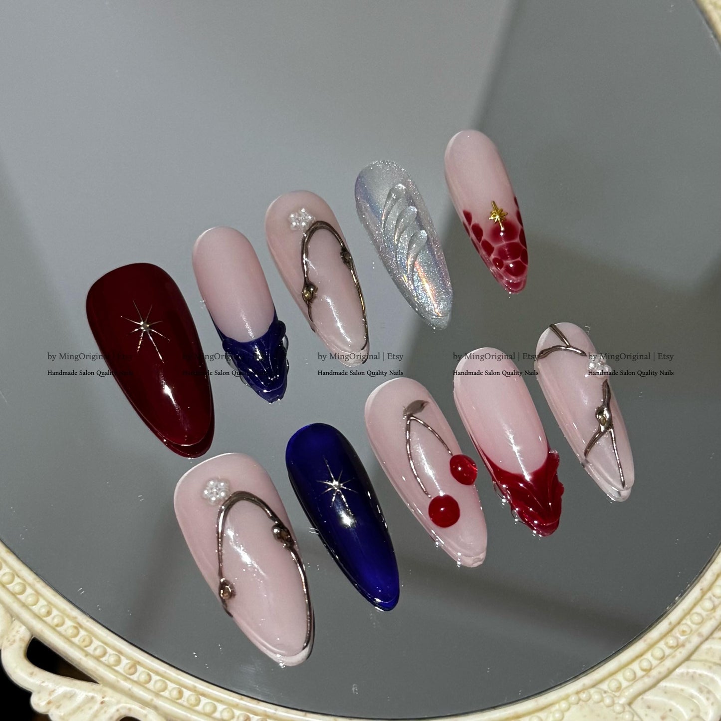 Handmade Statement Press-On Nails, Red Cherry Accents, Croc Texture, Pearls & Star Embellishments, MO793