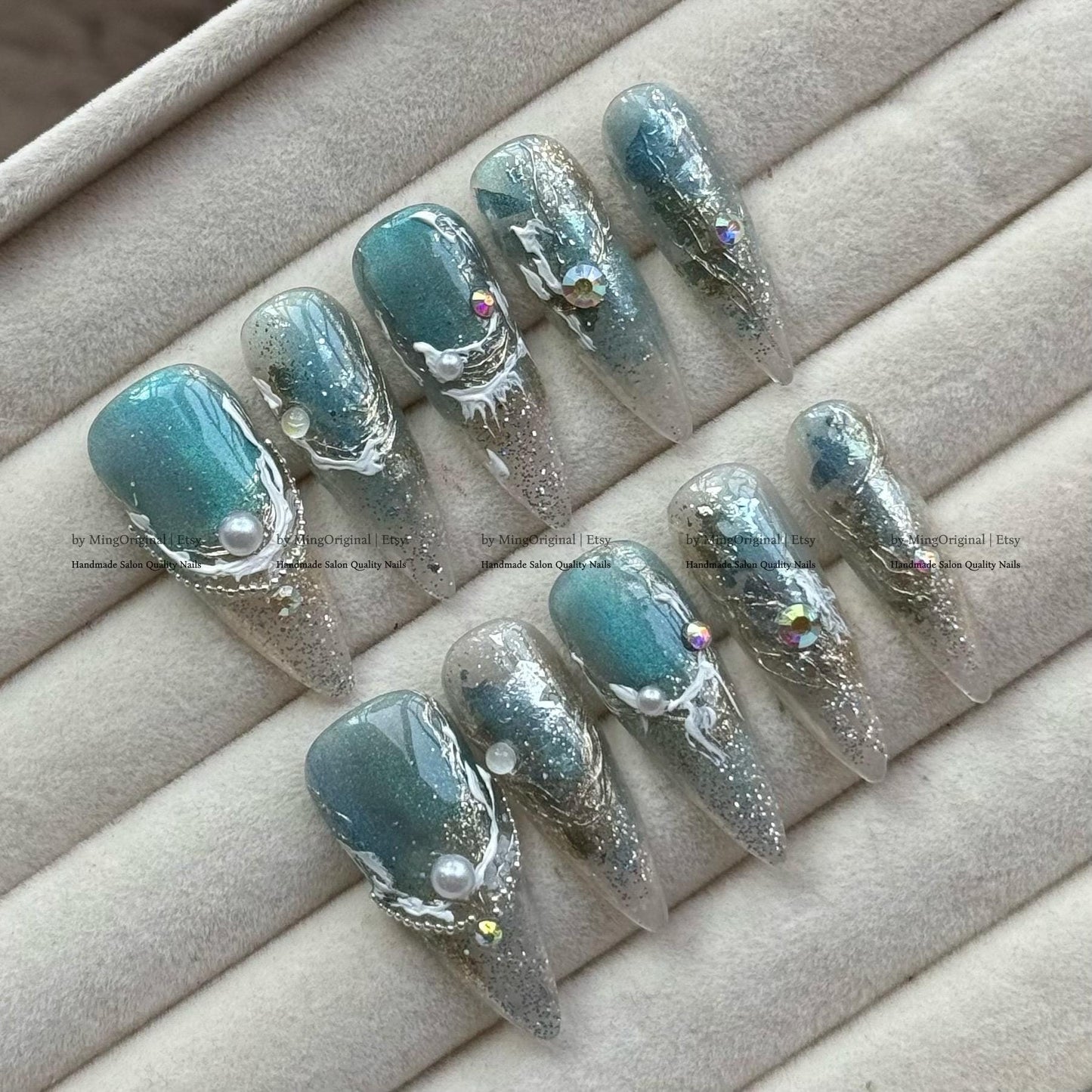 Teal Ocean-Inspired Press-On Nails, Handmade Gradient with Pearls, Rhinestones & Sculpted Swirls French Tip Art Nails ,MO794
