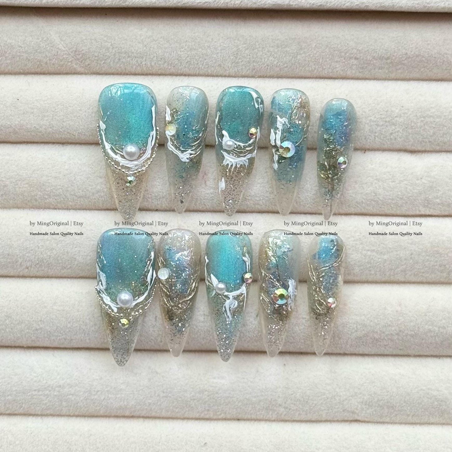 Teal Ocean-Inspired Press-On Nails, Handmade Gradient with Pearls, Rhinestones & Sculpted Swirls French Tip Art Nails ,MO794