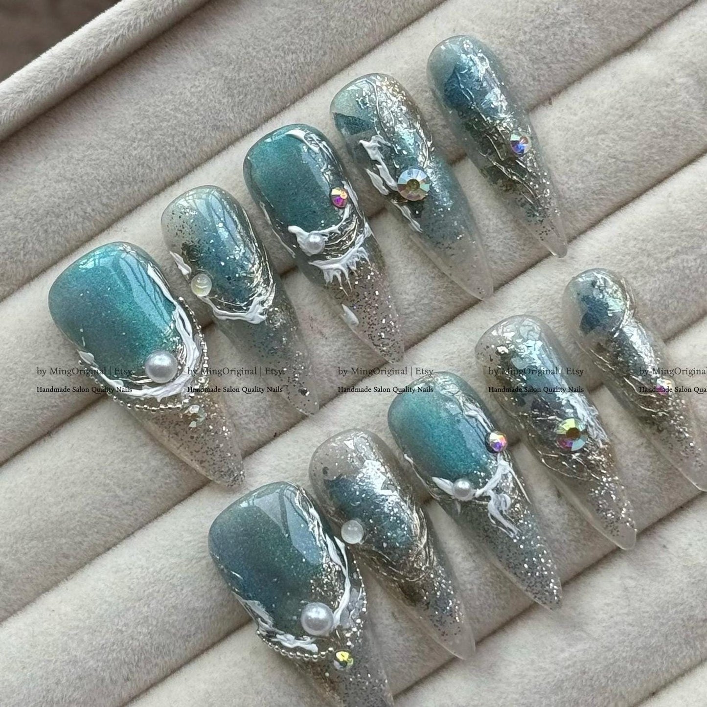 Teal Ocean-Inspired Press-On Nails, Handmade Gradient with Pearls, Rhinestones & Sculpted Swirls French Tip Art Nails ,MO794