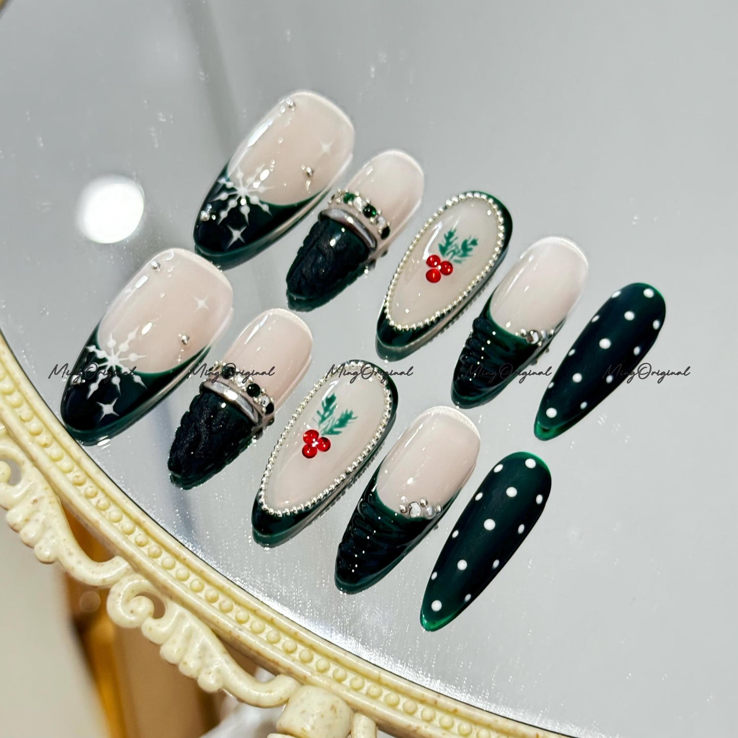 Christmas green polka dots sweater press on Nail, cherry tree and snowflake French tip nails, glue on nail, Holiday Fake Nails, MO767