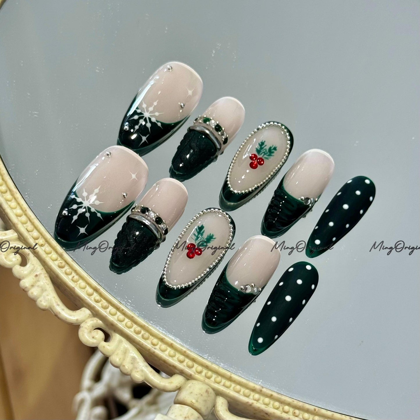Christmas green polka dots sweater press on Nail, cherry tree and snowflake French tip nails, glue on nail, Holiday Fake Nails, MO767