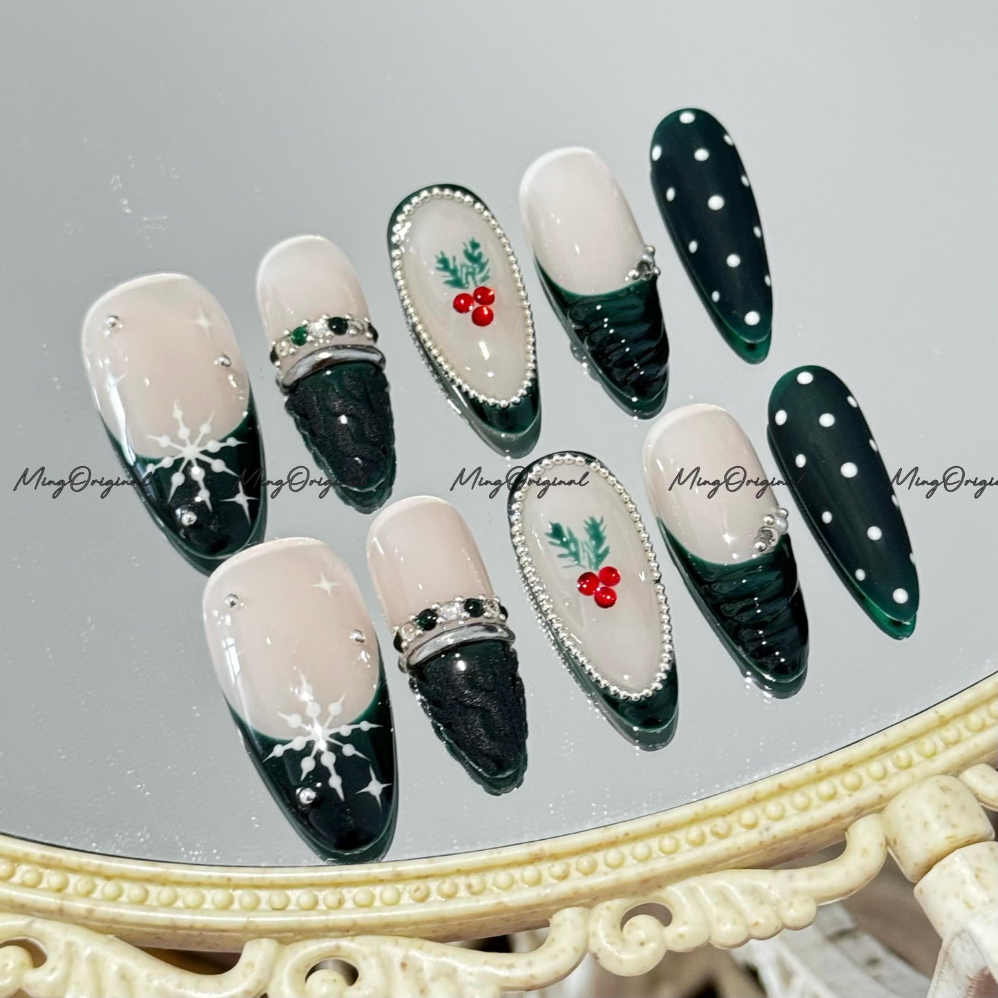 Christmas green polka dots sweater press on Nail, cherry tree and snowflake French tip nails, glue on nail, Holiday Fake Nails, MO767