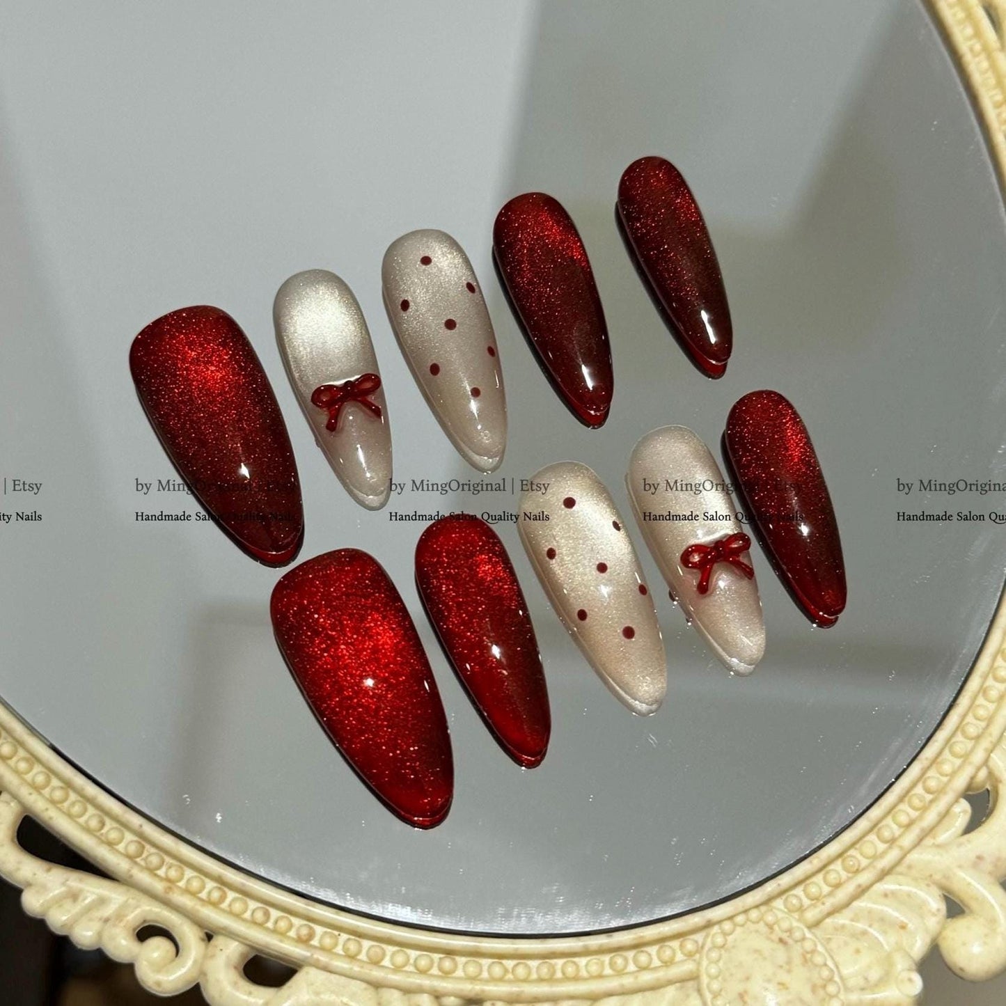 Red Sparkle Holiday Press On Nails, Cat Eye and Red Bow Polka Dot Set, Handmade Romantic Nail Set, MO794