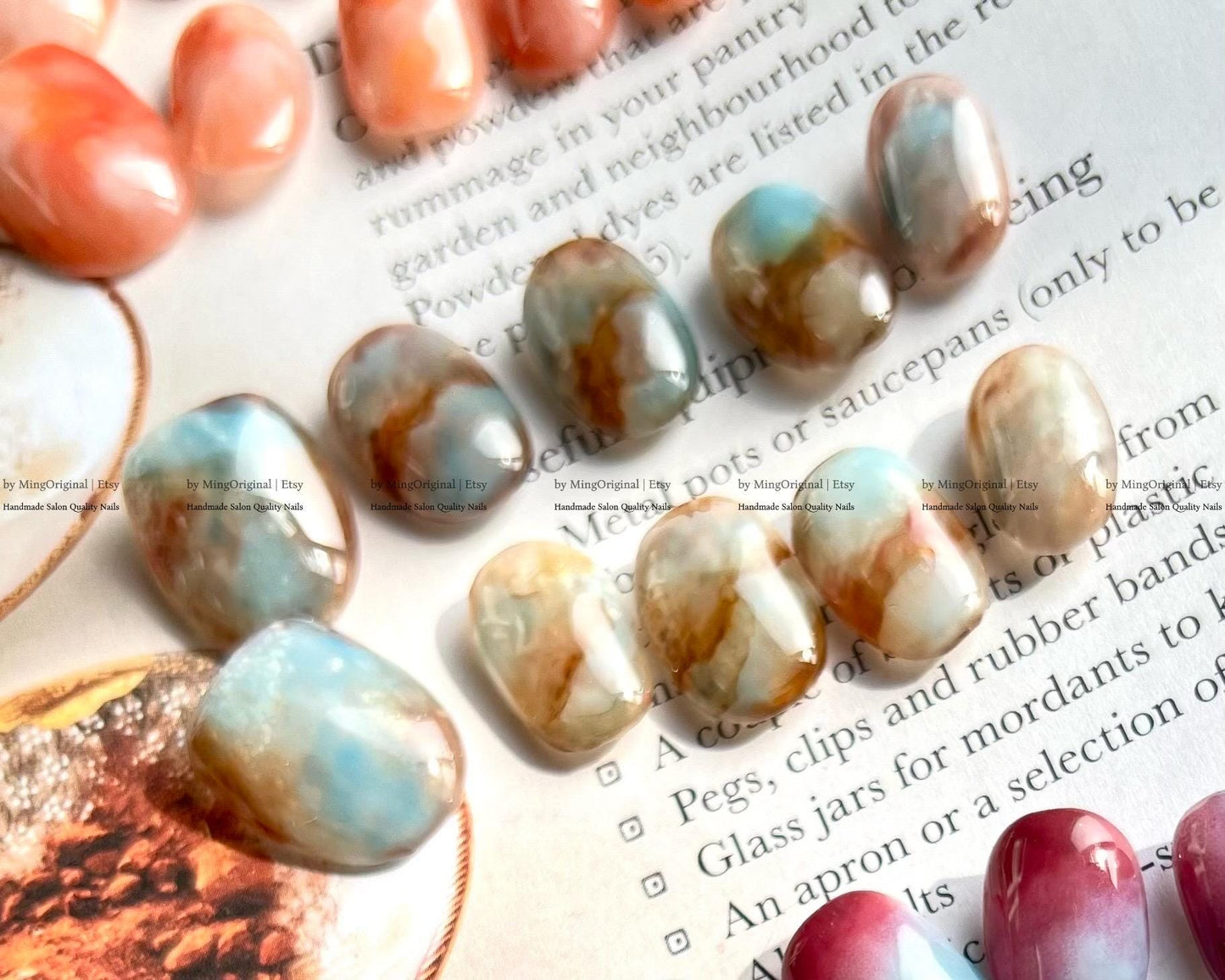Botanical Dye Series Handmade Press-On Nails Inspired by Natures Palette,Marble & Gradient Art, Blending Quartz Stone, MO768