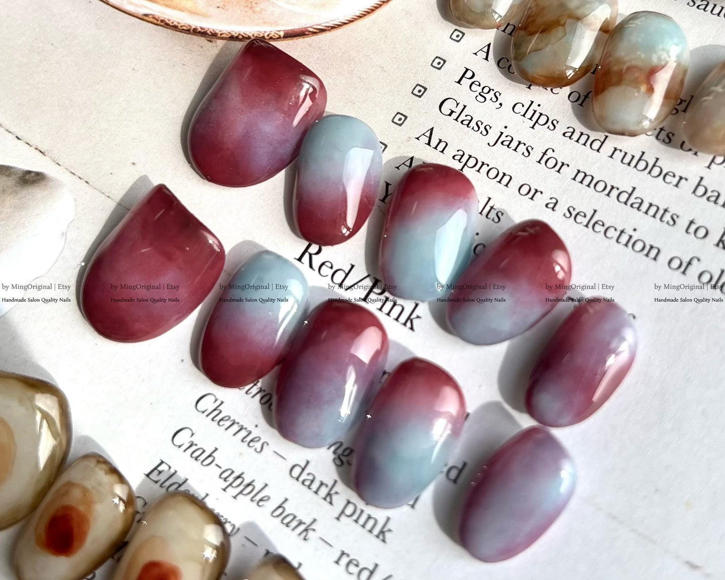 Botanical Dye Series Handmade Press-On Nails Inspired by Natures Palette,Marble & Gradient Art, Blending Quartz Stone, MO768