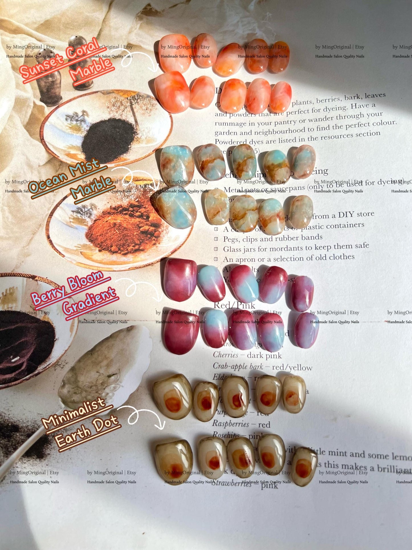 Botanical Dye Series Handmade Press-On Nails Inspired by Natures Palette,Marble & Gradient Art, Blending Quartz Stone, MO768