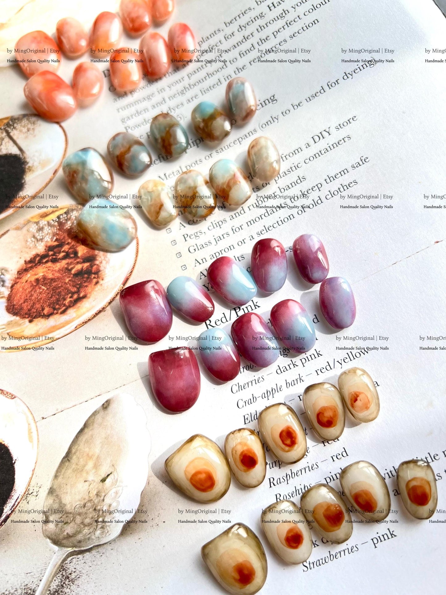 Botanical Dye Series Handmade Press-On Nails Inspired by Natures Palette,Marble & Gradient Art, Blending Quartz Stone, MO768