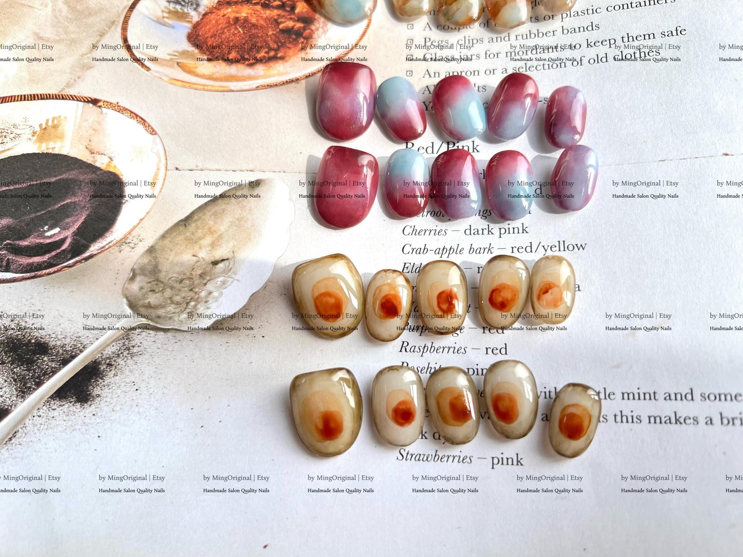 Botanical Dye Series Handmade Press-On Nails Inspired by Natures Palette,Marble & Gradient Art, Blending Quartz Stone, MO768