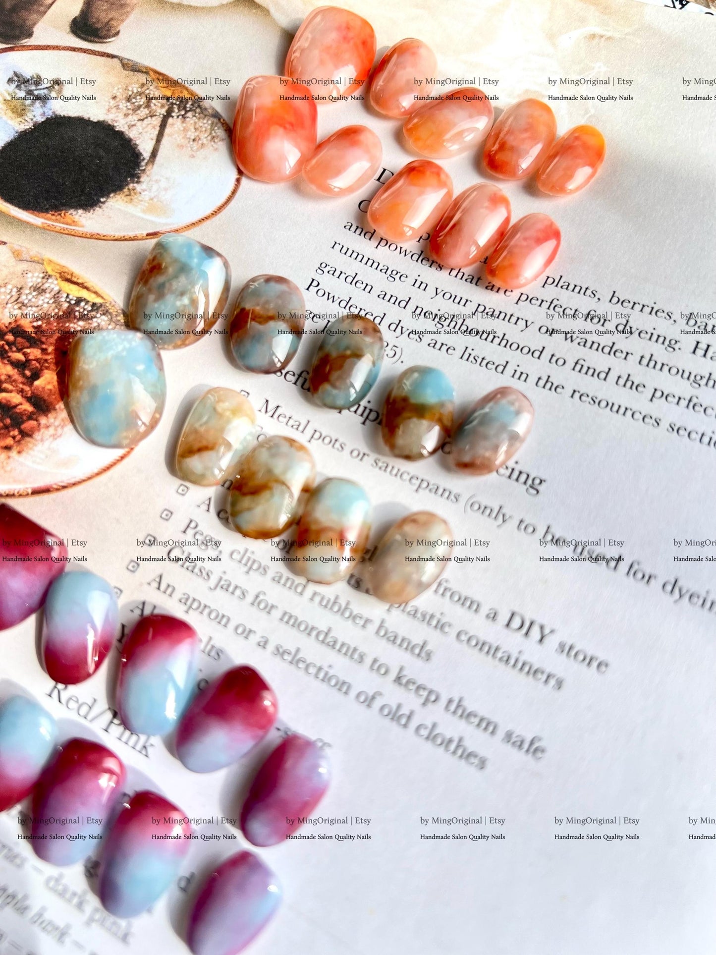 Botanical Dye Series Handmade Press-On Nails Inspired by Natures Palette,Marble & Gradient Art, Blending Quartz Stone, MO768