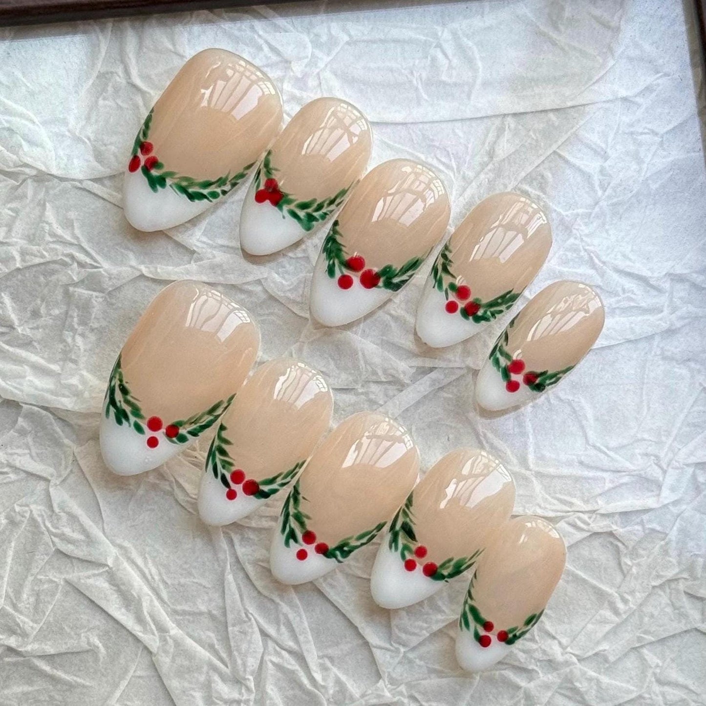 Christmas green leaf press on Nail, cherry tree and snowflake French tip nails, holly nail, Holiday Fake Nails, Gifts for Her, MO769