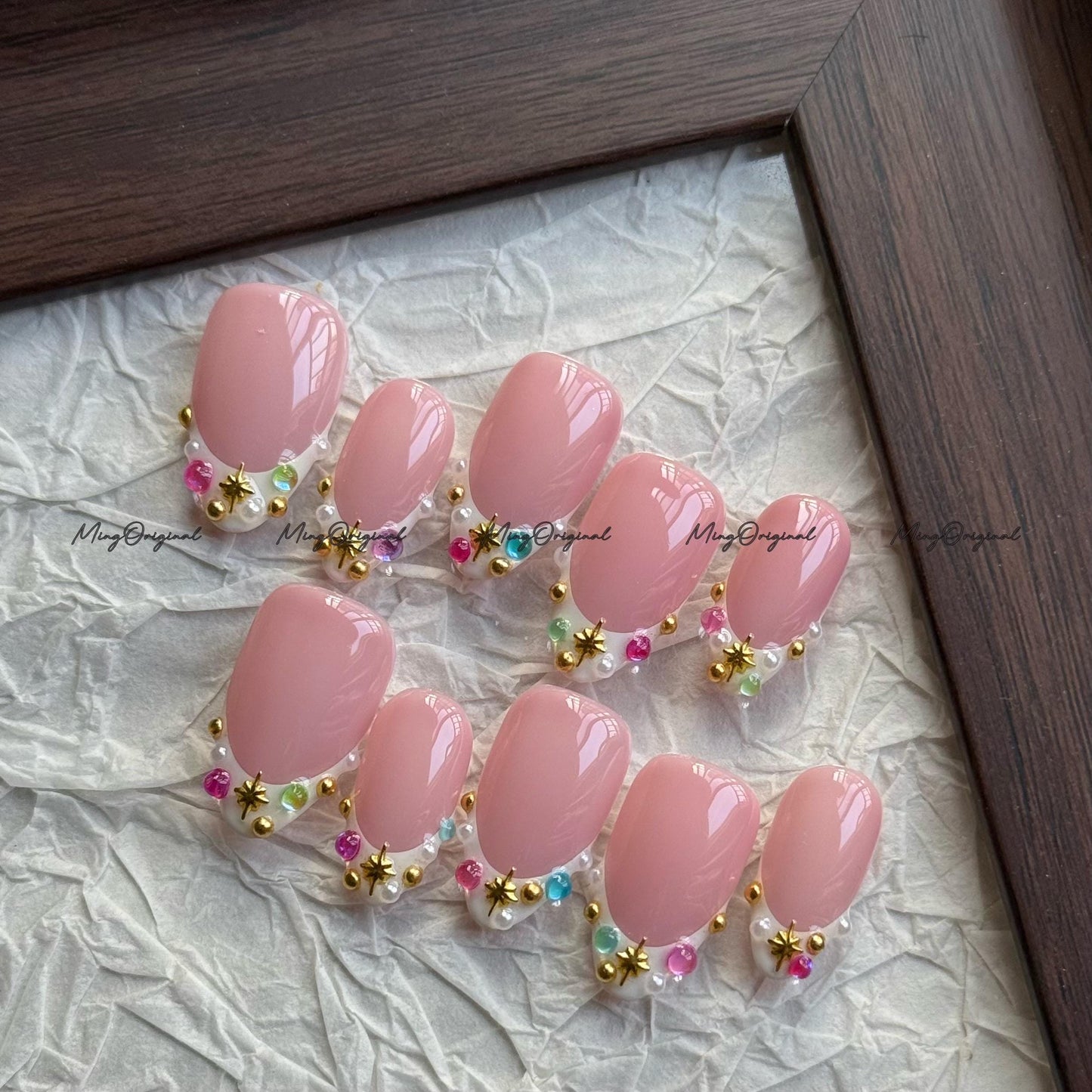 Soft Pink Press-On Nails with Gold Stars & Gemstone Accents, French Nails, Elegant Handmade Nail Art,MO770