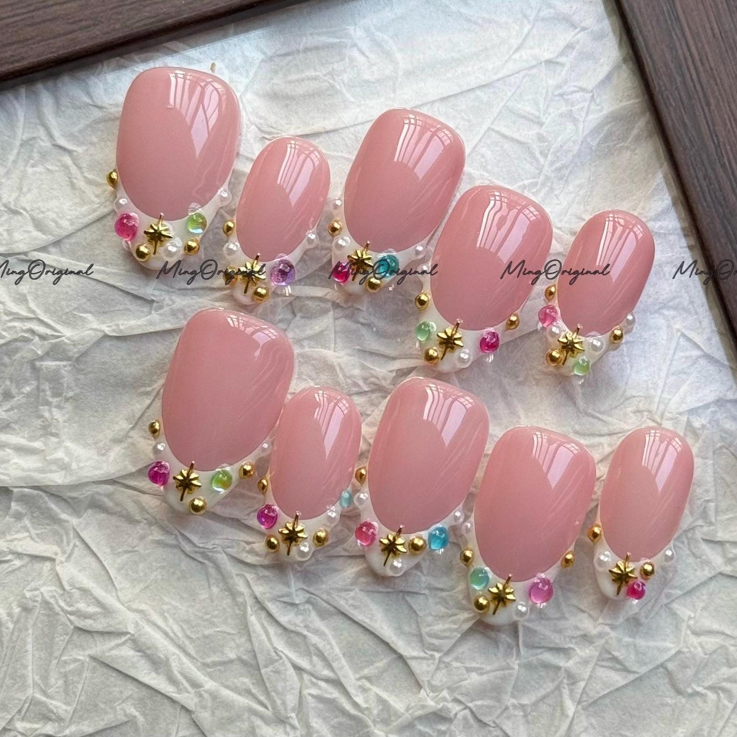 Soft Pink Press-On Nails with Gold Stars & Gemstone Accents, French Nails, Elegant Handmade Nail Art,MO770