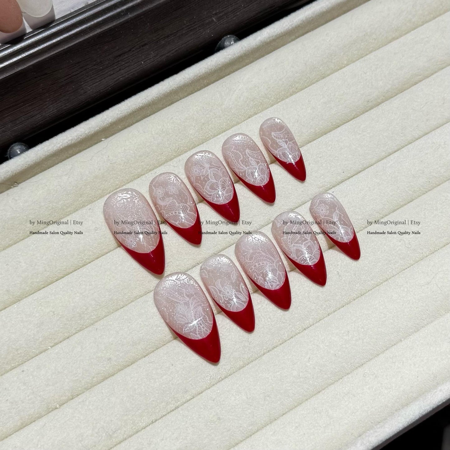 Red french tip press on nail, Nude Cat Eye & Red French Tip, wedding nail, fake nail, holiday trending nail, MO796