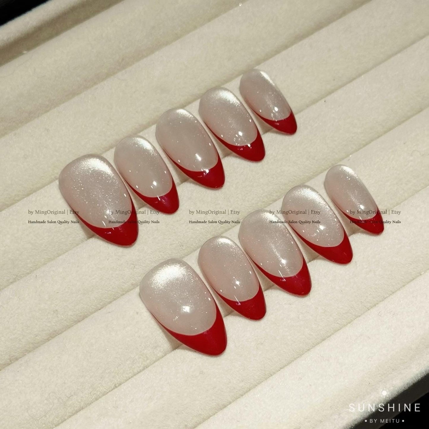 Red french tip press on nail, Nude Cat Eye & Red French Tip, wedding nail, fake nail, holiday trending nail, MO796