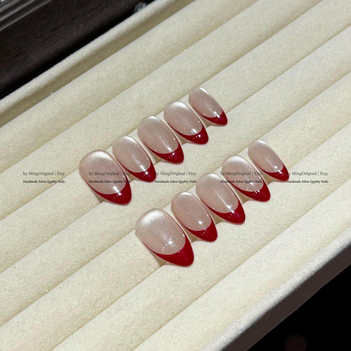 Red french tip press on nail, Nude Cat Eye & Red French Tip, wedding nail, fake nail, holiday trending nail, MO796