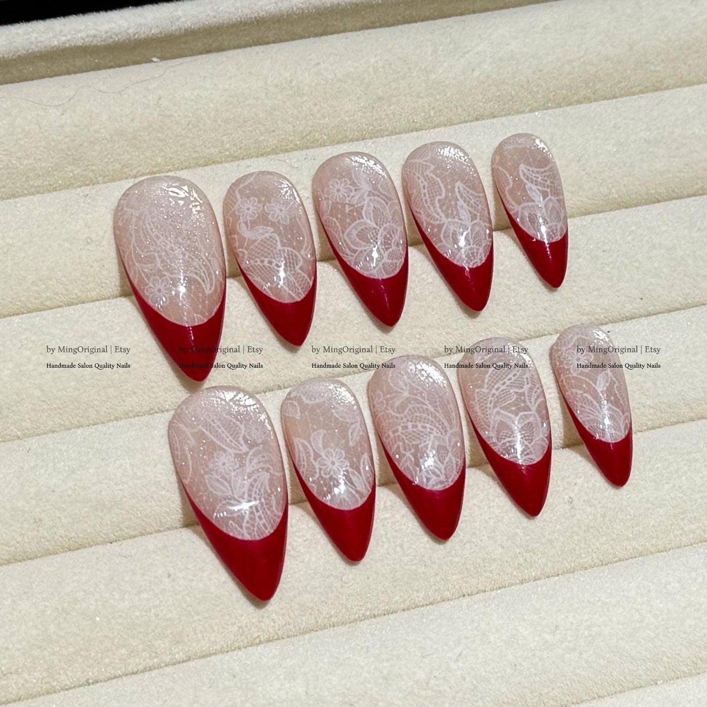 Red french tip press on nail, Nude Cat Eye & Red French Tip, wedding nail, fake nail, holiday trending nail, MO796