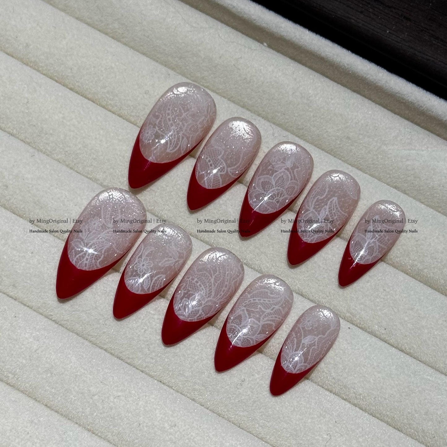 Red french tip press on nail, Nude Cat Eye & Red French Tip, wedding nail, fake nail, holiday trending nail, MO796