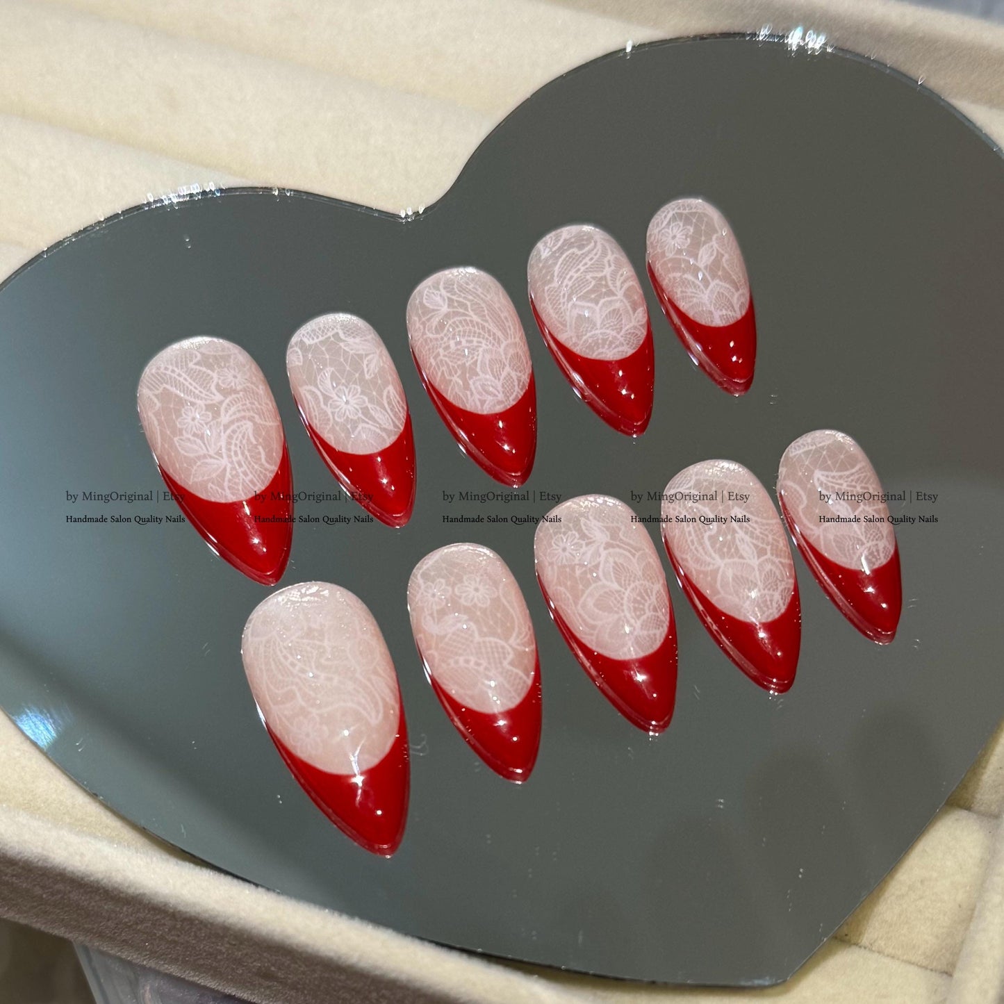 Red french tip press on nail, Nude Cat Eye & Red French Tip, wedding nail, fake nail, holiday trending nail, MO796