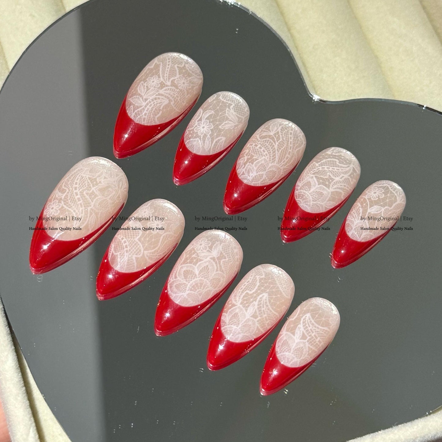 Red french tip press on nail, Nude Cat Eye & Red French Tip, wedding nail, fake nail, holiday trending nail, MO796