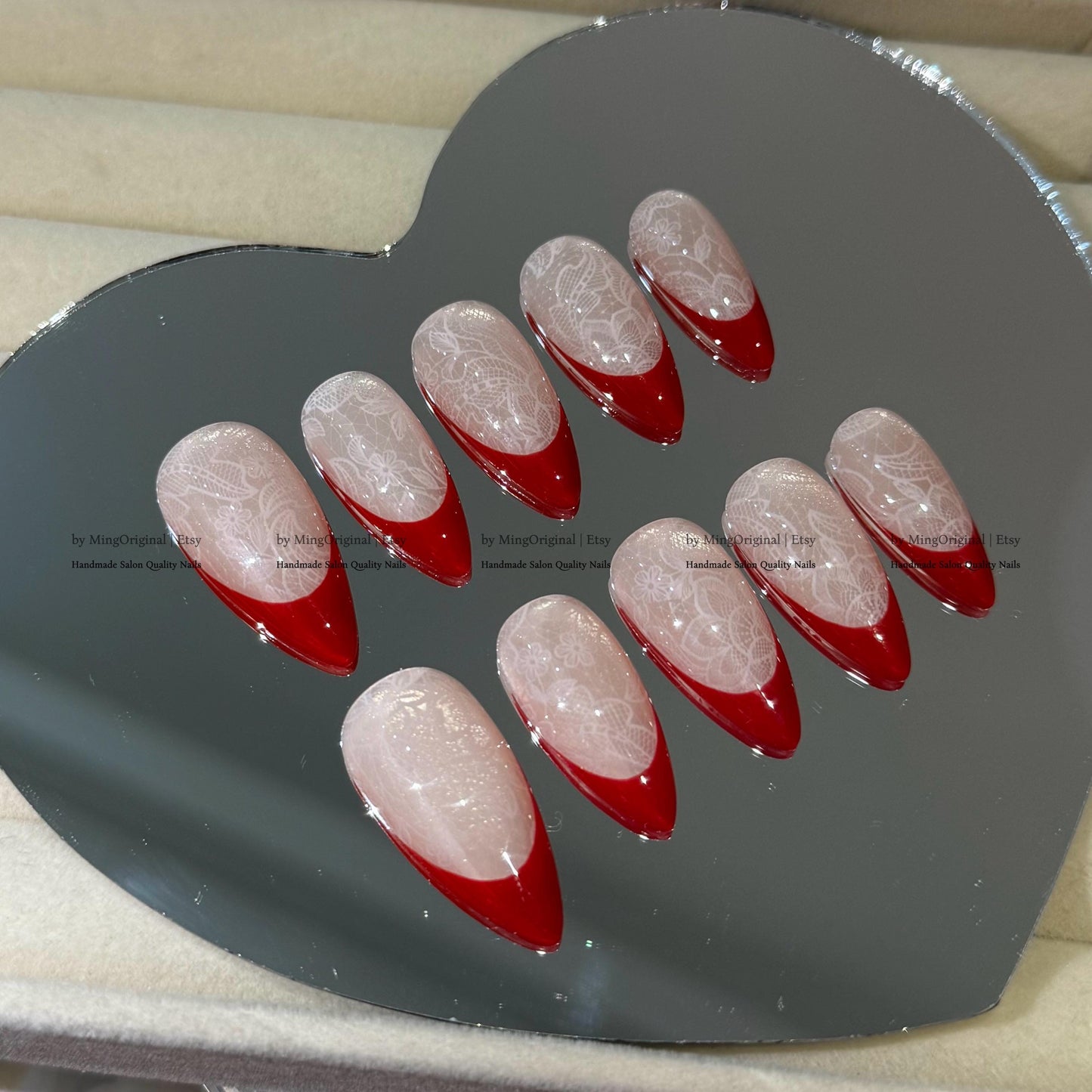 Red french tip press on nail, Nude Cat Eye & Red French Tip, wedding nail, fake nail, holiday trending nail, MO796