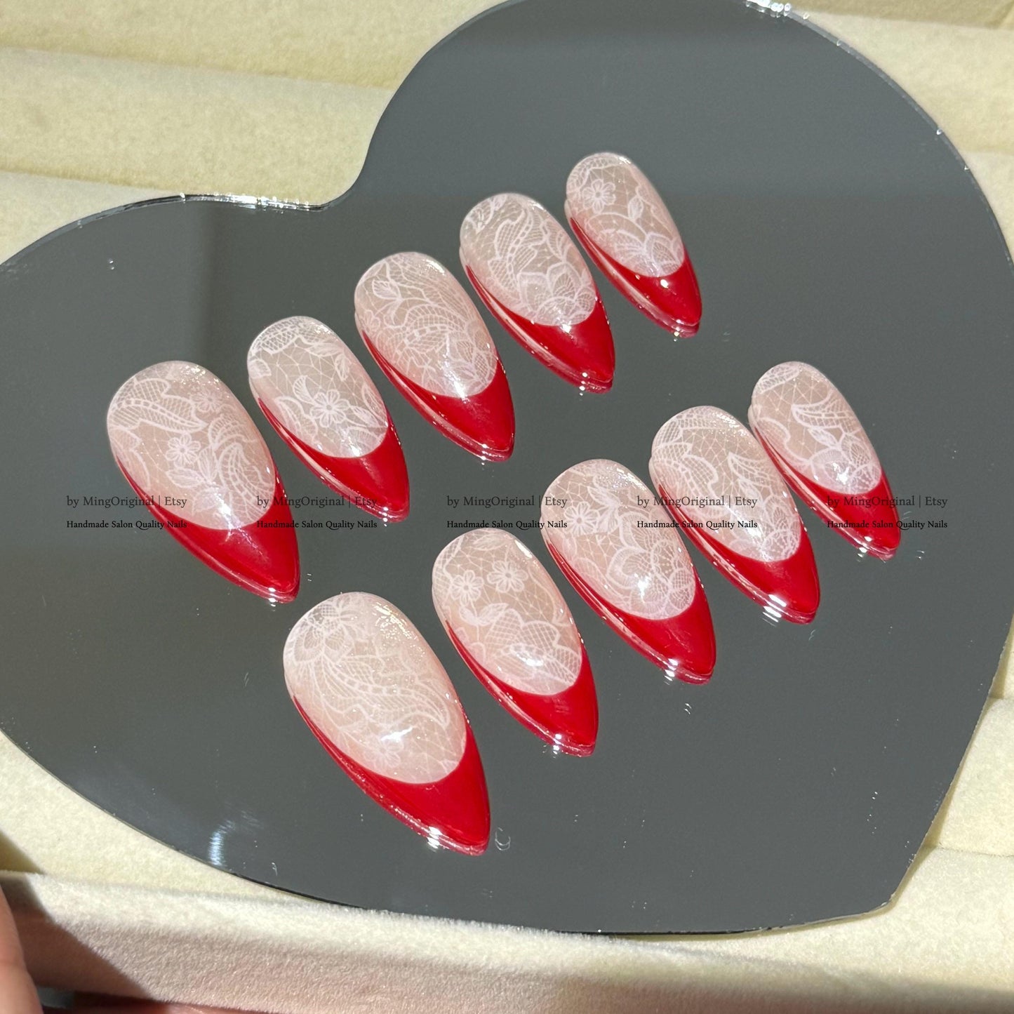 Red french tip press on nail, Nude Cat Eye & Red French Tip, wedding nail, fake nail, holiday trending nail, MO796