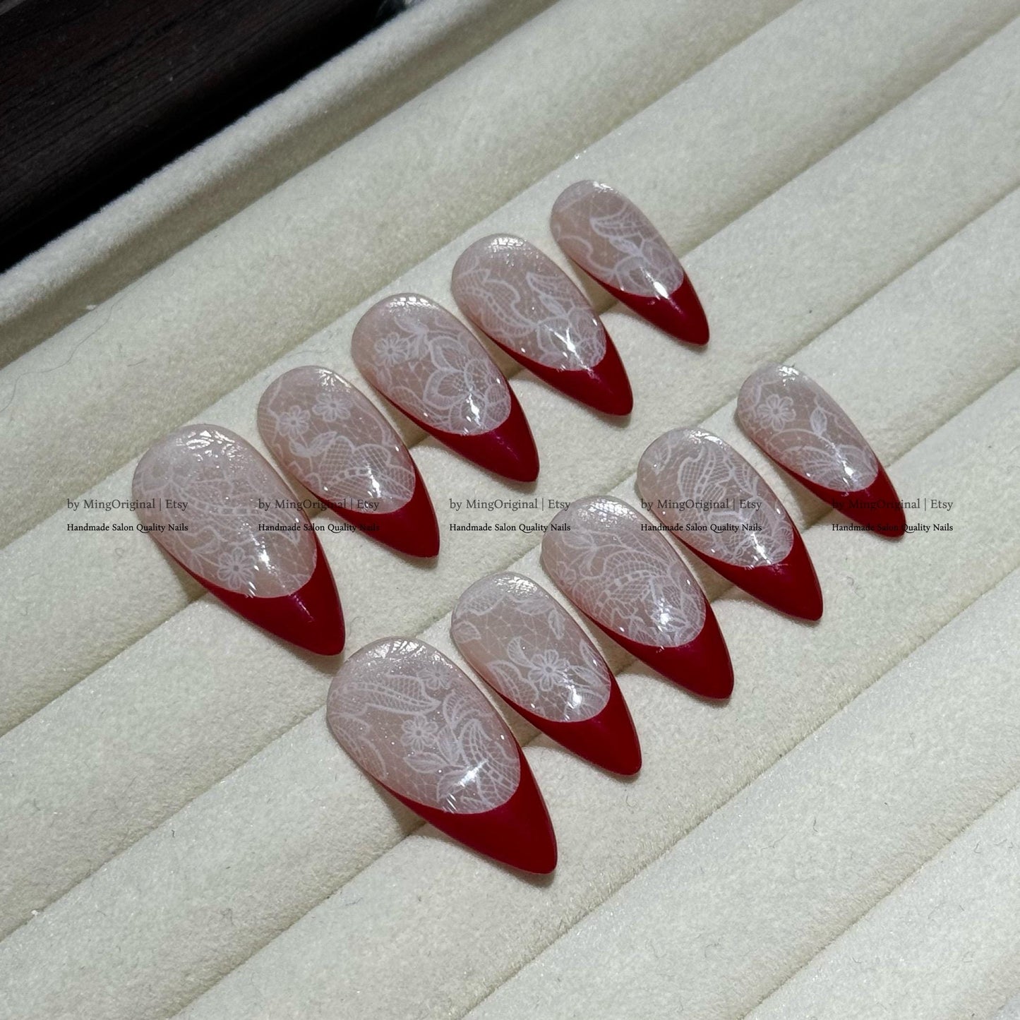 Red french tip press on nail, Nude Cat Eye & Red French Tip, wedding nail, fake nail, holiday trending nail, MO796