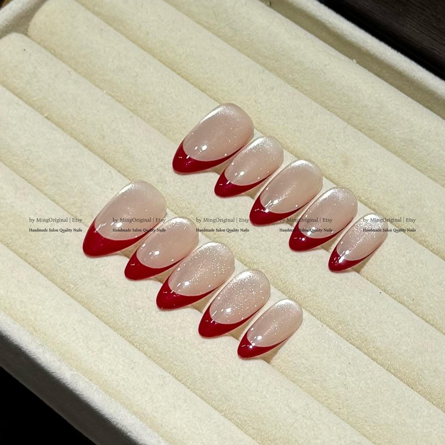 Red french tip press on nail, Nude Cat Eye & Red French Tip, wedding nail, fake nail, holiday trending nail, MO796