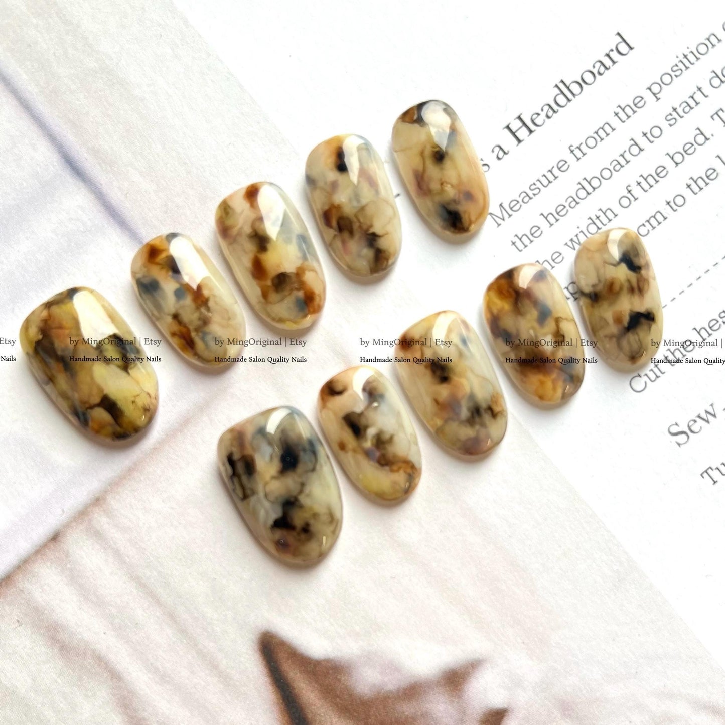 Abstract Brown and Beige Press On Nails, Light Tortoise Shell, Warm Neutral Nail Art, MO771